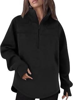 Sweatshirt Womens Loose Fit Fleece Fall Long Sleeve Half Zip Collared Pullover Curved Hem Clothes with Thumb Holes