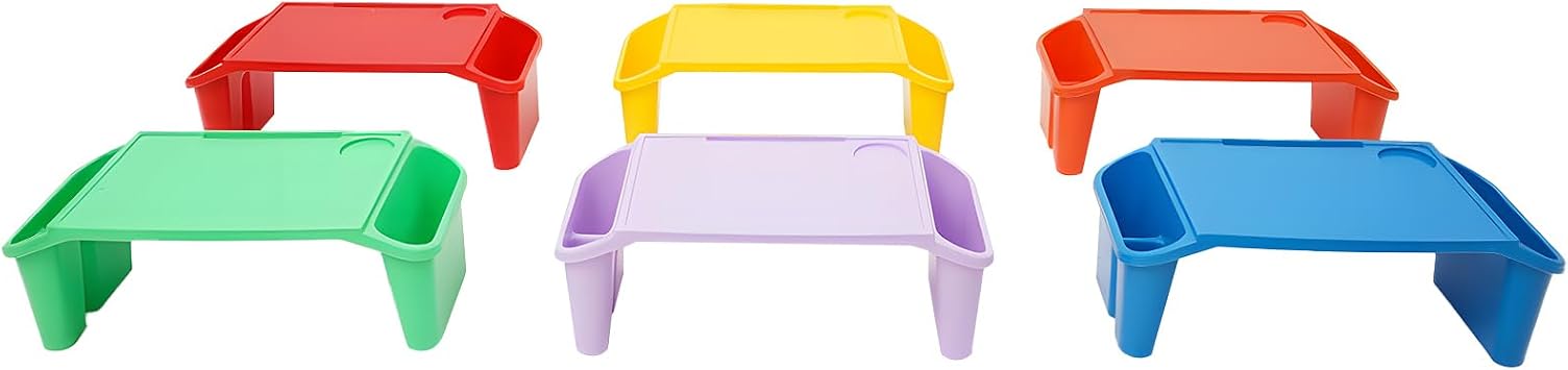 6 Pcs Kids Lap Desk Tray with Storage, Portable Lap Desk for Kids 6 Colors Plastic Breakfast Laptop Trays with Side Pockets and Slot for Eating, Writing, Drawing, 19.69" L x 9.84" W x 7.1" H