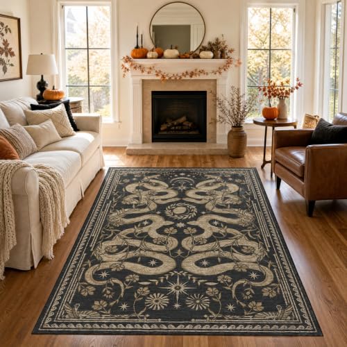 Snake Washable Rugs 5x7 Area Rug for Living Room Forest Soft Low-Pile Stain Resistant Thin Carpet for Bedroom Dining Nursery Non Slip Mat with Rubber Back Dark Grey