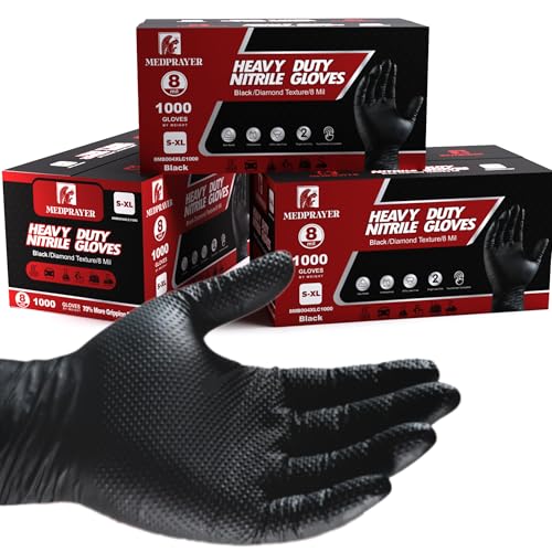 MEDPRAYER Industrial Nitrile Gloves &ndash; Heavy Duty Disposable Mechanic Gloves with Diamond Texture, Latex & Powder Free, 8 Mil Black 1000 pcs L