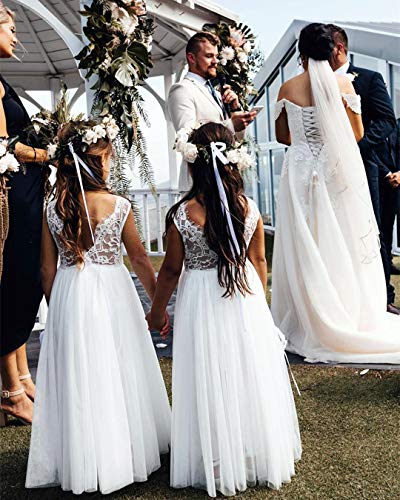 2Bunnies Girl Rose Lace Back A-Line Straight Tutu Tulle Party Flower Girl Dresses (White Sleeveless Maxi, 4T) #TOP4