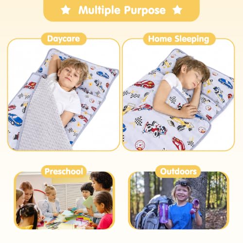 Image of Viviland Toddler Kid Nap Mat for Preschool, Boys Grey Race Car Slumber Bag, Daycare Sleeping Bag with Pillow and Blanket, Kindergarten Sleep Mat
