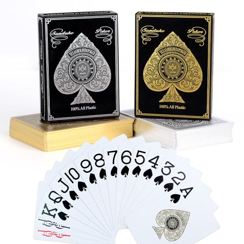 Preisvergleich Produktbild 2 Pack Spielkarten Pokerkarten Plastik Wasserdichte Pokerkarten Playing Cards Großdruck-Spielkarten für Erwachsene,Profi Poker Karten Schwarz und Silber Poker Set for Kartenspiel Party Geschenk