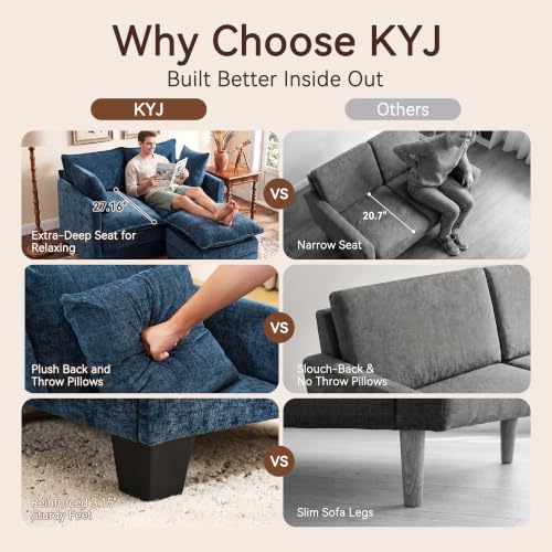 Image of 50 inch Loveseat Sofa with Ottoman, Cloud 2-Layer Cushion & 27 inch Deep Seat, Modern Love Seat Small Couch with 2 Washable Pillows for Small Spaces, Bedroom, Apartment, Office, Living Room, in a Box, Blue
