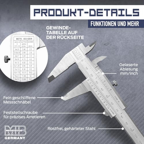 MIB Messschieber mit Feststellschraube DIN 862 150mm | Schieblehre rostfreier Stahl | Analog Messschieber | Schublehre mattverchromt | Präzisions-Messgerät für 4-fach Messung | Messwerkzeug