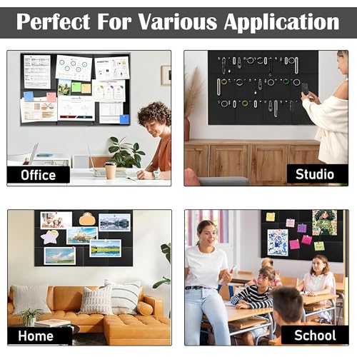Image of GLUN 6 Piece Black Felt Bulletin Board 30x30 cm, Self Adhesive Notice Board Tiles for Wall | 100 Push Pins + 400 Sheets Sticky Notes | Pin Board for Home, Office, School & Study Room