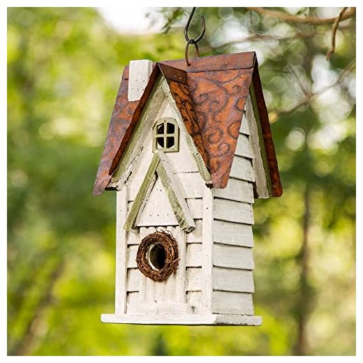 Glitzhome GH90086 Hanging Distressed Wooden Garden Cottage Birdhouse, White