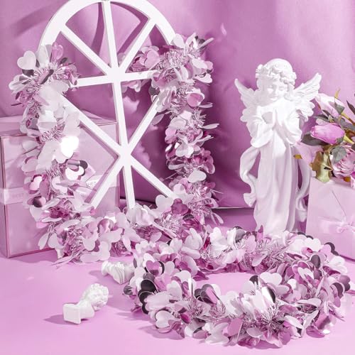 Image of 52Ft Valentines Day Garland Decorations, Glitter Hearts Purple Tinsel Garland for Valentines Tree Mantle, Pastel Heart Decor Party Supplies (52 Ft, Heart)