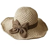 Knubbuf Womens Straw Hat Foldable Summer Hats for Women Wide Brim Beach Hat with Elegant Bowknot Vintage Sun Hat for Travel Vacation (Beige)