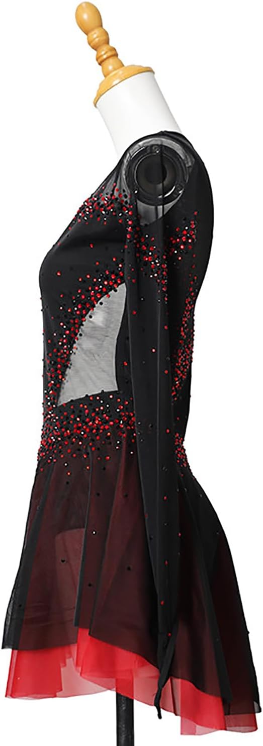Figure Skating Dress,Girls Long Sleeve Black Red Dress Diamond Skating Performance Competition Wear Costume