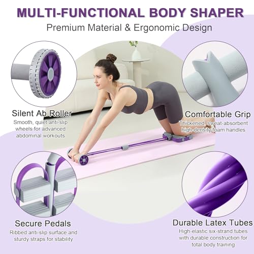 TRSAIM 6-Tube Pedal Resistance Bands with Handles & Ab Roller, 2-in-1 Foot Pedal Puller, Home Gym Workout Equipment for Core Training, Full Body Exercise for Arm, Leg, Waist, Back (Purple) — view 5