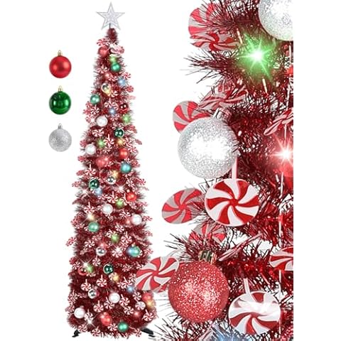 HMASYO 5 FT Pop Up Christmas Tree with Timer Lights and Decorations, Red Tinsel Christmas Tree with Candy and 24 Balls Ornament, Collapsible Pencil Tree Xmas Decoration for Home, Office, Party Cover