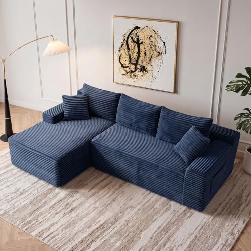 Image of 94.5 inch L Shaped Boneless Sectional Corduroy Couches for Living Room (Blue)