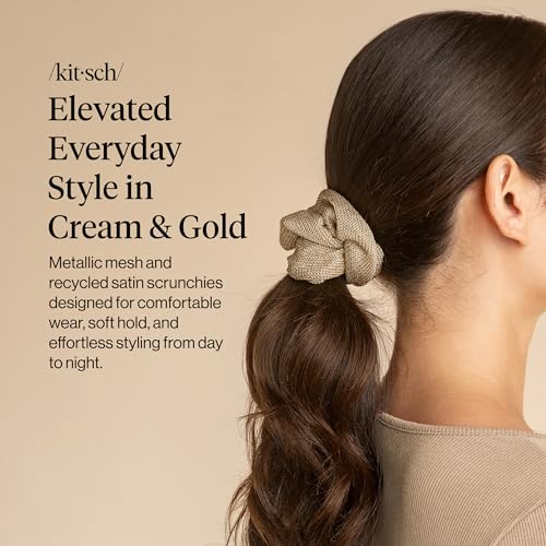 Image of Kitsch Metallic Mesh & Satin Scrunchies For Women - Recycled Fabric Hair Ties for Secure Hold, Comfortable Wear | Softer Than Silk Scrunchies For All Hair Types - Cream & Gold, 2pcs