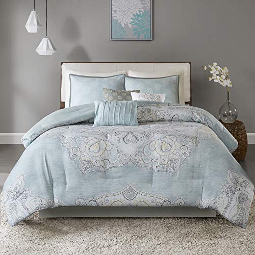 Madison Park Reversible Cotton Comforter Season Set, Matching Bed Skirt, Decorative Pillows, Queen(90"X90"), Lucinda, Medallion Seafoam 7 Piece (Mp10-5267) #TOP2