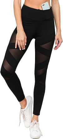 Womens Mesh Leggings 4-Way Strech Stylish Activewear High Waist Workout Pants with Pockets