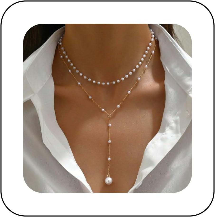 YienDoo Lariat Gold Pearl Necklace Tiny Pearl Choker Necklace Chain Baroque Statement Pearls Drop Y Necklaces Wedding Bridal Pearls Necklaces Jewelry for Women