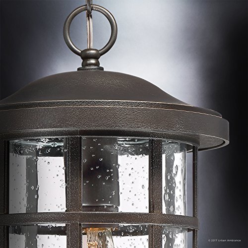 Urban Ambiance Luxury Craftsman Outdoor Pendant Light, Medium Size: 15.5" H X 10" W, With Tudor Style Elements, Wrought Iron Design, Oil Rubbed Parisian Bronze Finish And Seeded Glass, Uql1049 #TOP3