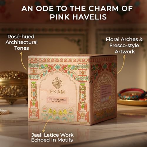 Image of EKAM 2025-26 Festive Fragrance Gift| Scented 3 Wick Candle| Lemongrass | Inspired by Pink Haveli | 28-Hour Burn | Essential Oil Infused | Gift Box for Festive Celebrations, Weddings, Giveaways, etc.