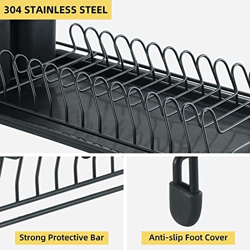 Dish rack Compact Dish Drying Draining Rack Plate Drainer Rack Anti-rust Dish Drying Rack with Removable Cutlery Holder & Drip Tray Compact Plate Drying Rack for Kitchen Counter Cabinet, Black