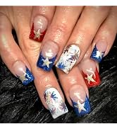Independence Day Press on Nails French Tip Fake Nails with Stars Design Red Blue Glitter Firework...