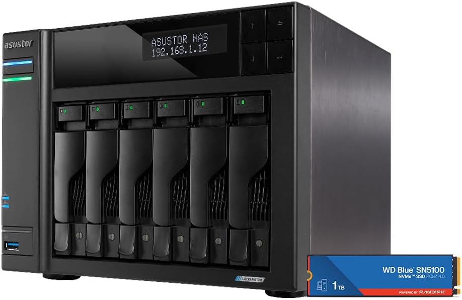 Asustor Lockerstor 6 Gen2 AS6706T with 1 x 1TB SSD (WDS100T5B0E) - 6 Bay NAS, Quad-Core 2.0 GHz CPU, 4X M.2 NVMe Slots, Dual 2.5GbE, Upgradable to 10GbE, 8GB DDR4 RAM, Network Attached Storage