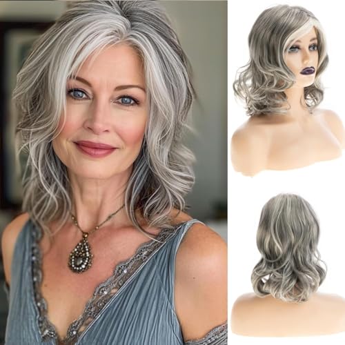 Qnbiar Damen Kurz Grau Wellen Bob Perücke Mittellang Grau Locken Perücke Mittelteil Silber Synthetisch Natürliches Look Alltag Partyhaar