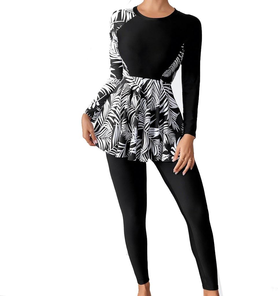 Womens Long Sleeve Rash Guard Swimsuit Modest Full Coverage Bathing Suits Floral Print Sun Protection Swimwear