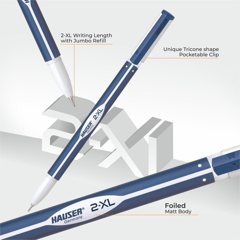 Hauser 2 XL Fine Tip Ball Pen | 2-XL Writing Length with Jumbo Refill | Minimalistic & Aesthetic Body Design | Blue Ink, Pack Of 20
