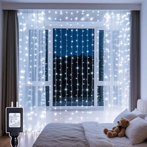 Soagrc Curtain Lights with Hooks, 200 LED 9.8 x 6.6FT Window String Lights, Plug in Fairy Lights with Remote & Timer, 8 Modes Waterproof Hanging Backdrop Lights for Bedroom, Wedding, Christmas Decor
