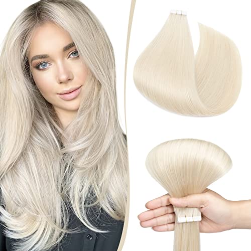 16 inch SEGO Tape in Hair Extensions 10PCS Blonde 100% Real Remy Human Hair Extension Straight Skin Weft Seamless (#70 Bleach White,25g)