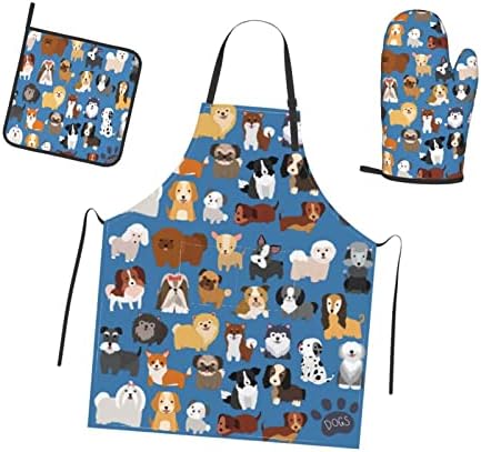 Oplp Cute Dog and Puppy 3 Piece Kitchen Set Waterproof Apron with Oven Mitt and Pot Holder Cooking Adjustable Apron Microwave Glove Potholder