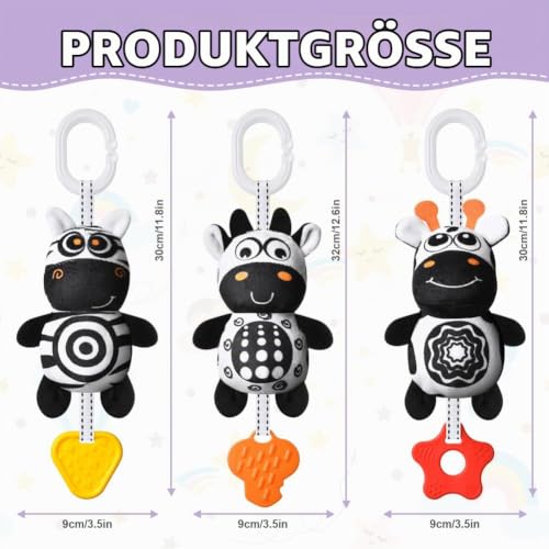 Aolso Kinderwagen Spielzeug, 3Pcs hängendes Rasselspielzeug, schwarz-weißes Spielzeug, Baby-Hängespielzeug… – Ansicht 2