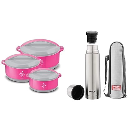 MILTON Divine Jr Inner Steel Casserole Gift Set of 3, Pink & Milton Plain Lid 1000 Thermosteel 24 Hours Hot and Cold Water Bottle, 1000 ml, Silver