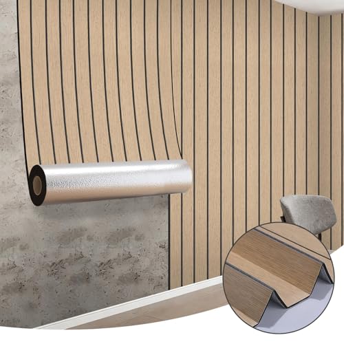 Image of Snewvie Peel and Stick Wood Slat Wall Panels 40cm x 3m (13 sq.ft) Decorative PVC Wall Panels Soundproof Realistic Natural Self-Adhesive Wallpaper for Living Room Bedroom – (Brown 1 roll)