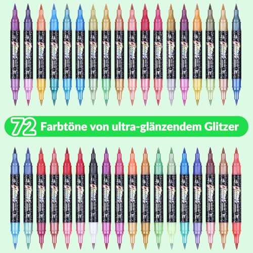 KEMYR Glitzerstifte Set 72 Farben Doppelspitzen Glitzer filzstifte 36er Pack Metallische Glitzer Marker für Karten DIYHandwerk Doodling Schreiben ErwachseneMalbücher Kunstmaterialien Scrapbooking
