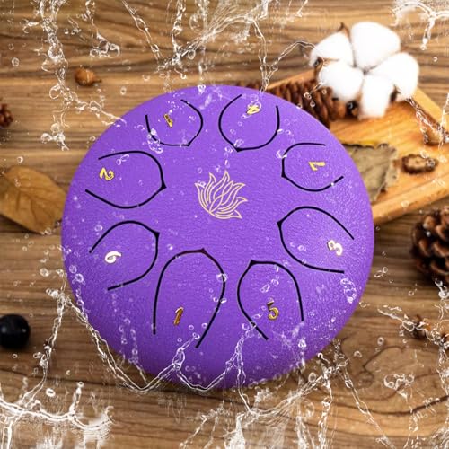 Eavnbaek Rain Chime Drum - 8 Note 6 Inch Rain Drum for Outside Garden, with Bag, Music Book, Drumsticks, Mallet Holder and Finger Paddles, Steel Tongue Drum for Gifts Yoga Education (Purple)