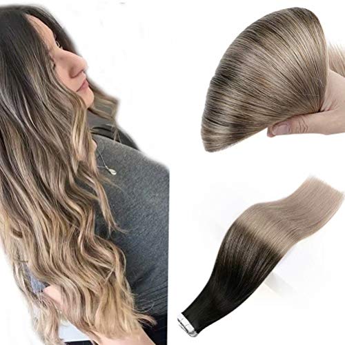 Easyouth Tape in Hair Extensions Real Human Hair Color Off Black Highlight with Golden Blonde Invisible Glue on Extensions Straight Hair 20pcs 20 Inch 50g