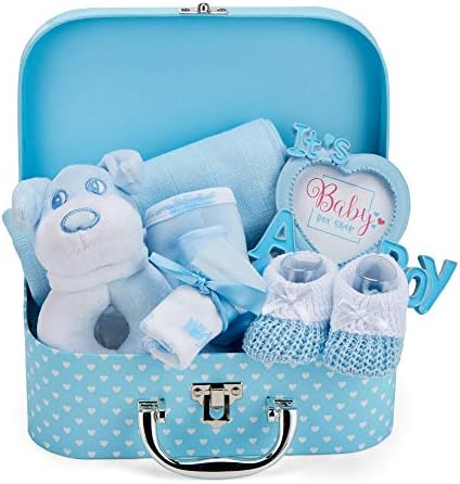 Newborn Baby Boy Gift Set - Hand Packed into Small Blue Hamper Keepsake Box Styled as a Case includes Soft Toy Rattle, Photo Frame, Muslin Cloth, Bib, Socks, Mitt and Hat for New Mother Baby Showers