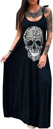 Robe Longue Maxi Femme Imprimé Crâne - Sans Manches, Ample, Fluide, Polyester - Bohême Plage été - 9