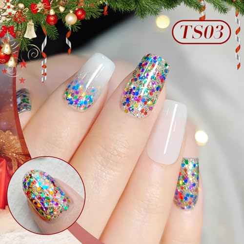 Born Pretty Christmas Jelly Glitter Sequins Gel Nail Polish Christmas Sparkly Shiny Red Green Sequins Jelly Gel Polish Sheer Translucent Effect Soak Off U V Nail Art Manicure Gift for Women 15ML