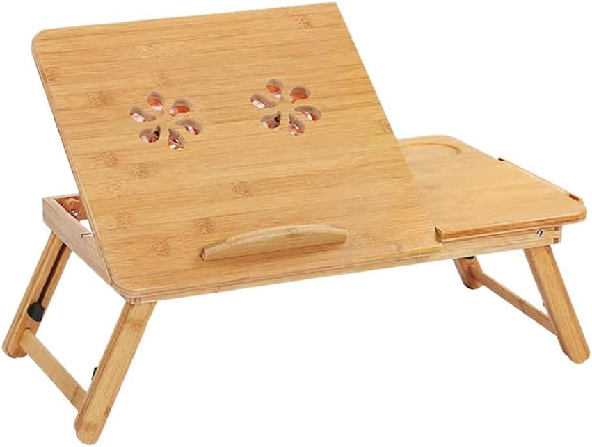 Mesa Plegable, Mesa de Escritorio Ajustable para computadora portátil 100% bambú con Ventilador de refrigeración USB Estante Plegable Dormitorio Cama Soporte para computadora portátil Escrit