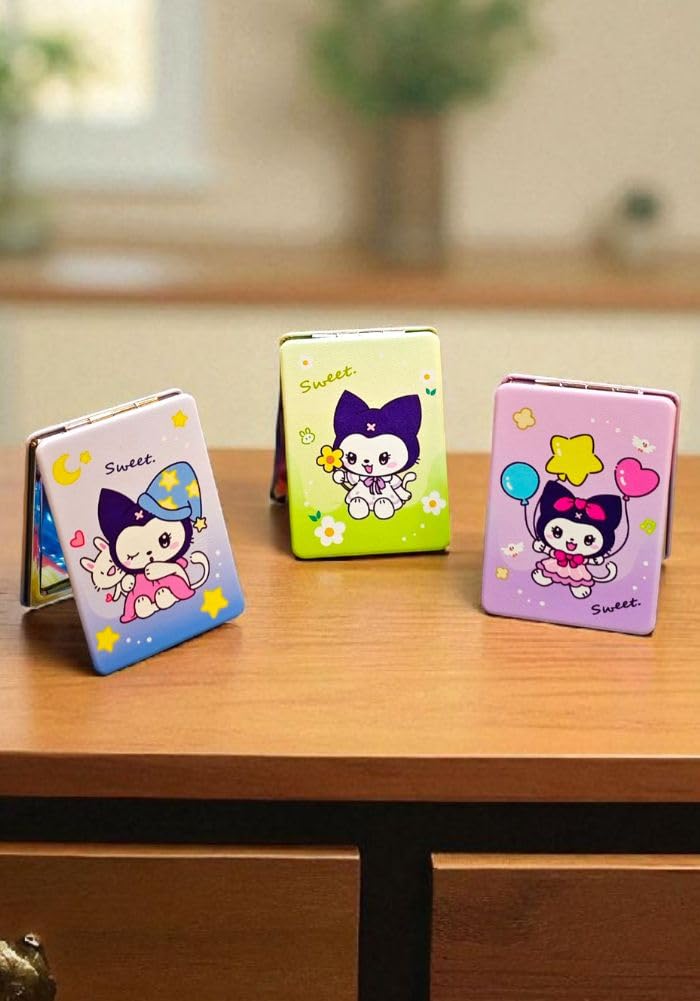 Sweet Kawaii Compact Mirror, Foldable 2-in-1 Normal and Magnifying Design, Decorative Kitty Theme, Kids Girls Pocket Size, Multiple Colors (Blue)-image-46