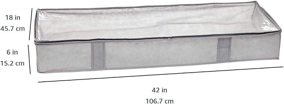 Amazon Basics Under Bed Storage Bags for Clothes and Blankets, Foldable Fabric Zipper Container with Clear Window and Reinforced Handles, Space Saving, 18 x 42 x 6 inches, Gray, 2-Pack