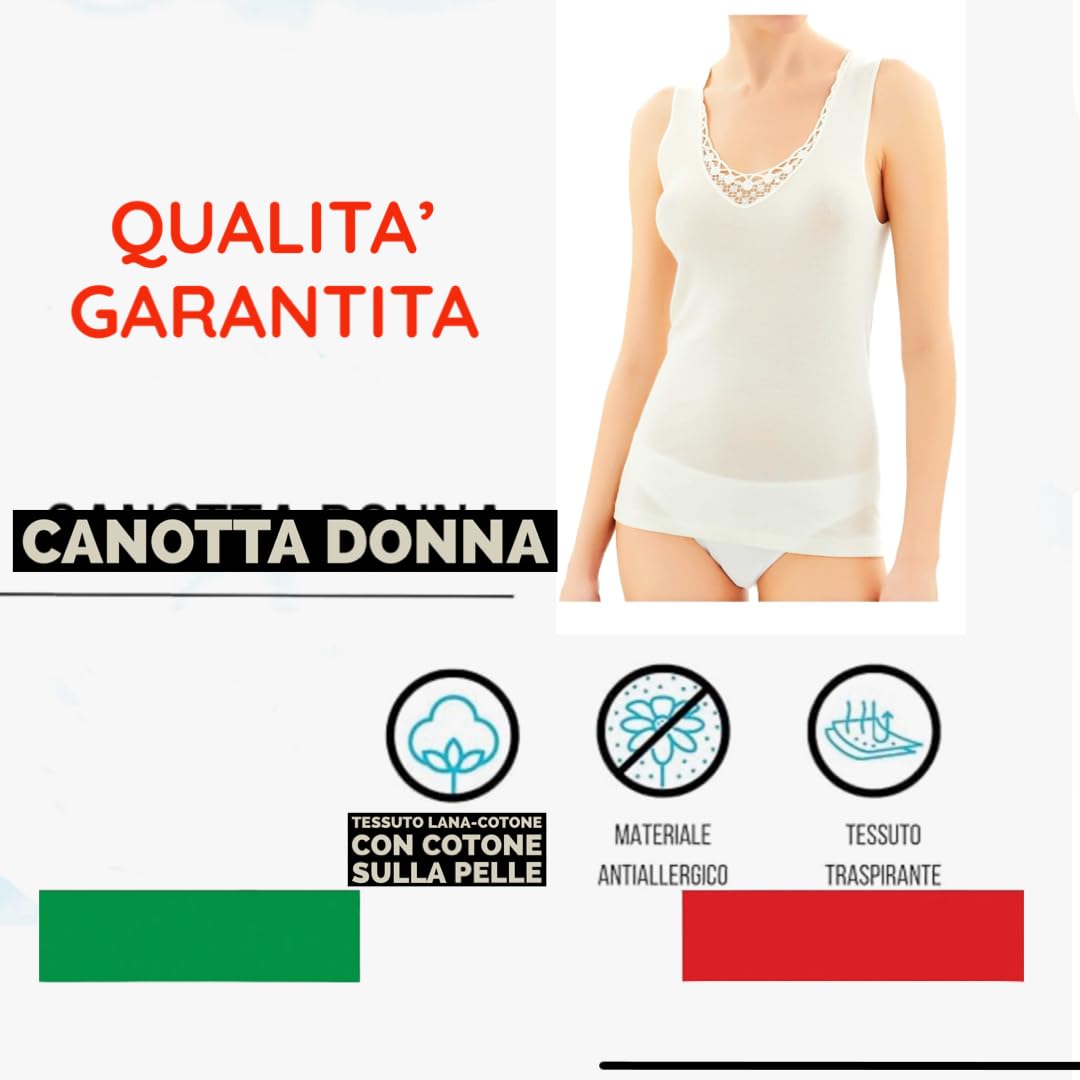 Canottiera Donna Invernale Lana Cotone 3-5 Pezzi Canottiera Donna Spalla Larga con Pizzo Lana Cotone - Canotta Intima 8031