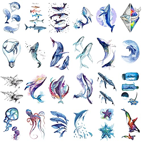 Wyuen 24 Sheets Whale Temporary Tattoo Sticker Women Men Animal Tattoos Kids Body Art Children Waterproof Hand Fake Sticker W19 #TOP4