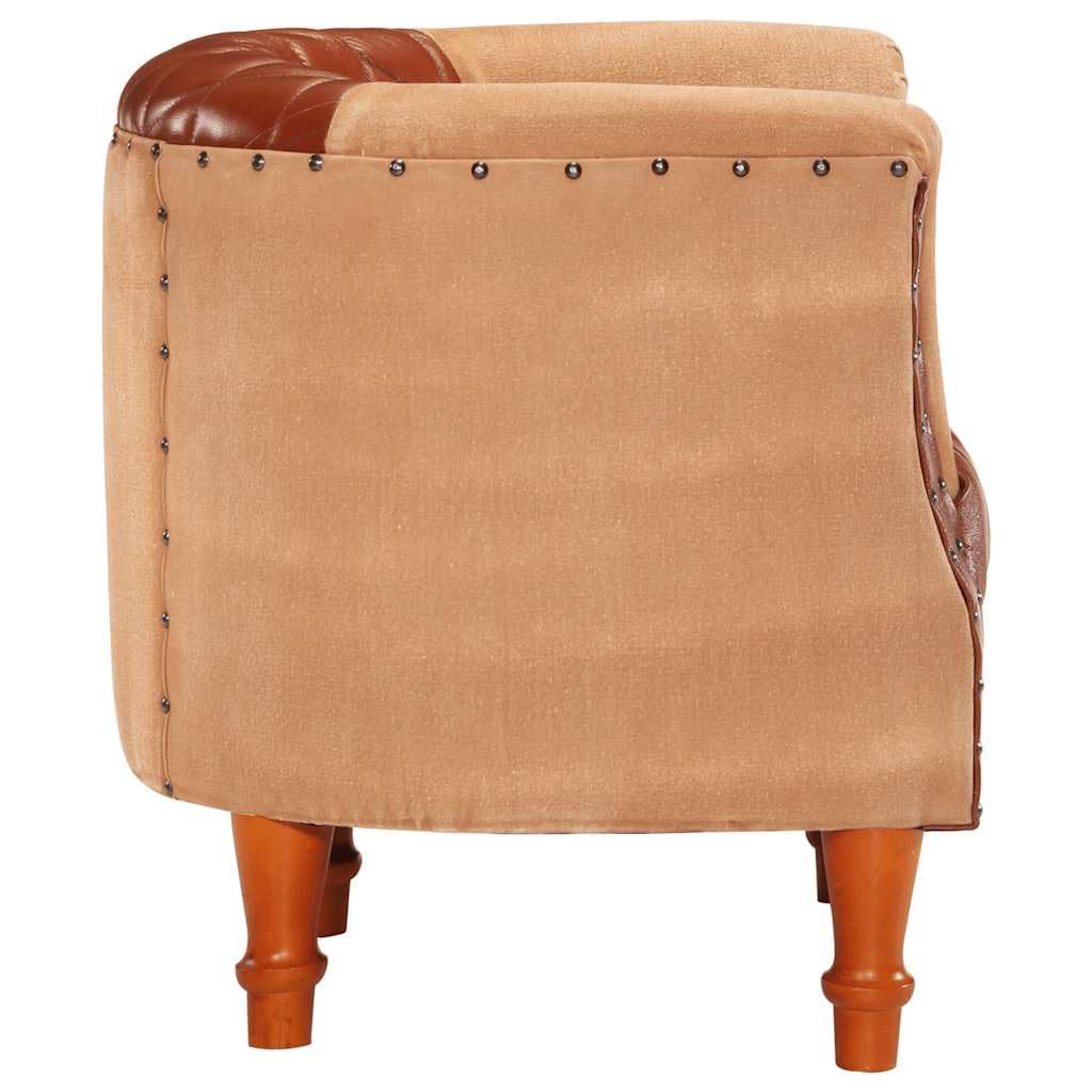 Brązowy fotel z prawdziwej skóry, lite drewno mango, 60 x 57 x 64 cm, wygodny fotel do salonu, sypialni, czytelni, przytulne siedzisko dla dorosłych