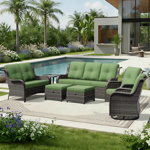 Image of Joyside 7 Piece Wicker Patio Furniture Set, Outdoor Swivel Rocker Patio Chairs with High Back, Deep Seating, Wide Armrest, Thickened Cushions, Outdoor Furniture for Deck, Porch Use