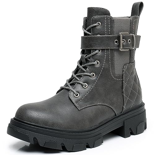 GLOBALWIN Women's Combat Boots Lace Up Grey for Women Ankle Booties Comfortable Lug Sole Chunky Low Heel, 6.5M