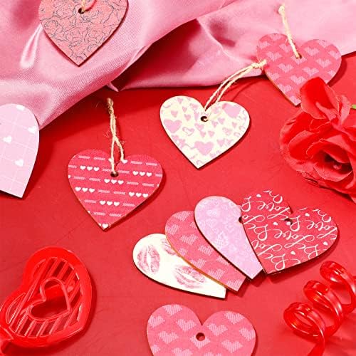 72 Pieces Heart Shaped Wooden Ornaments Hanging Heart Decoration Pink Heart Ornaments Valentine's Day Ornaments Red Wooden Heart Ornaments Embellishments Wood Slices Tags for Valentine's Day Wedding